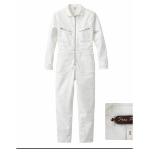 Free People White Utility Jumpsuit Zip Front Long Sleeve Stretch Women Sz M